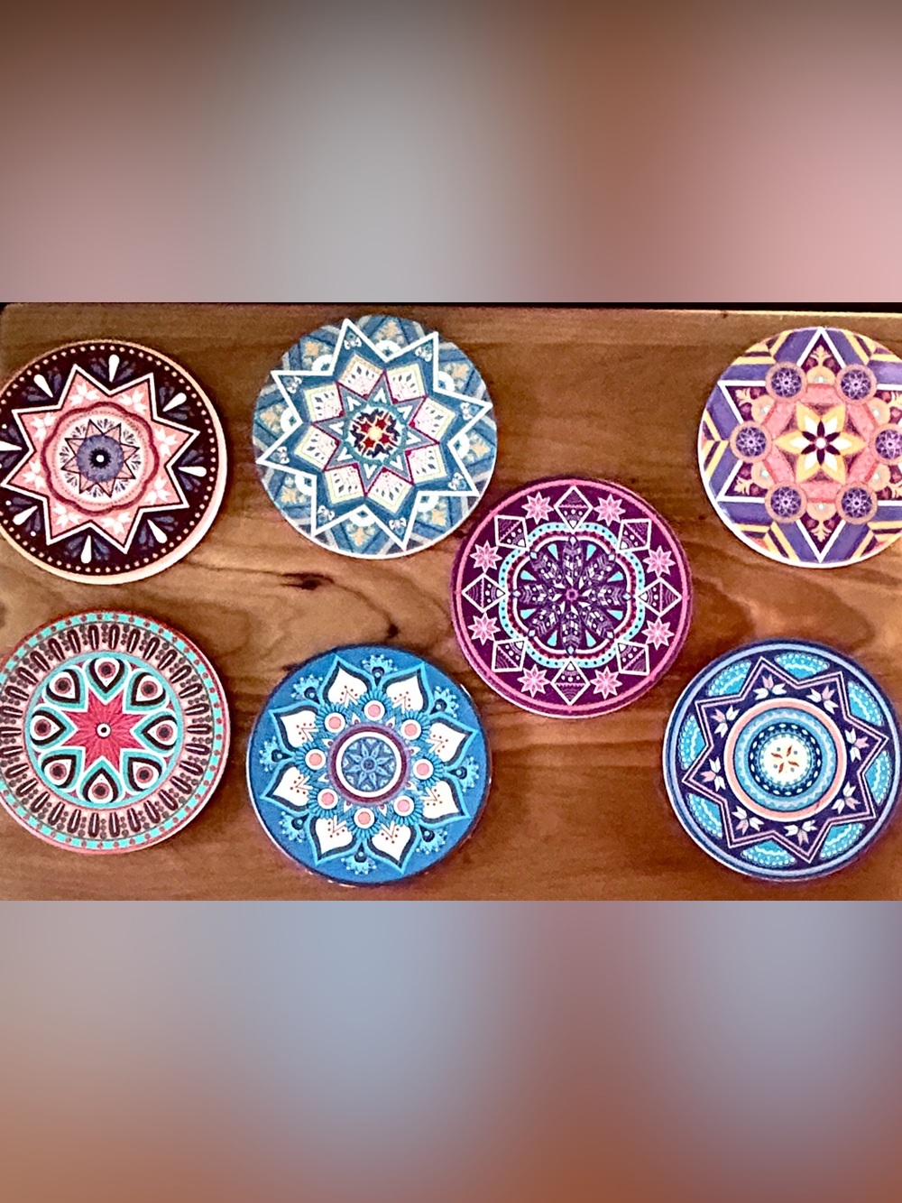 Colorful BOHO Moroccan Ceramic Coasters Absorbent Cork Pad 4” SET OF 7